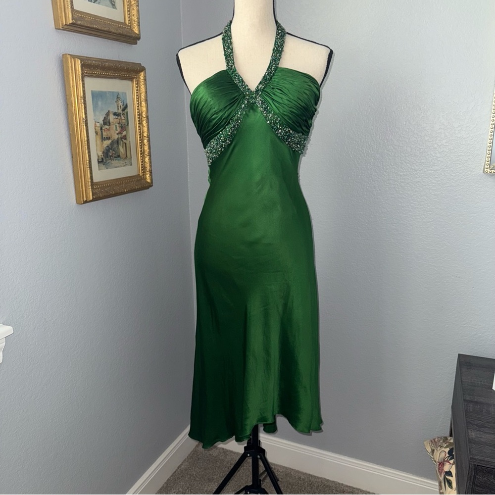 Y2K 90s green silk cache sz 4 dress formal homecoming holiday sequin‎ beaded